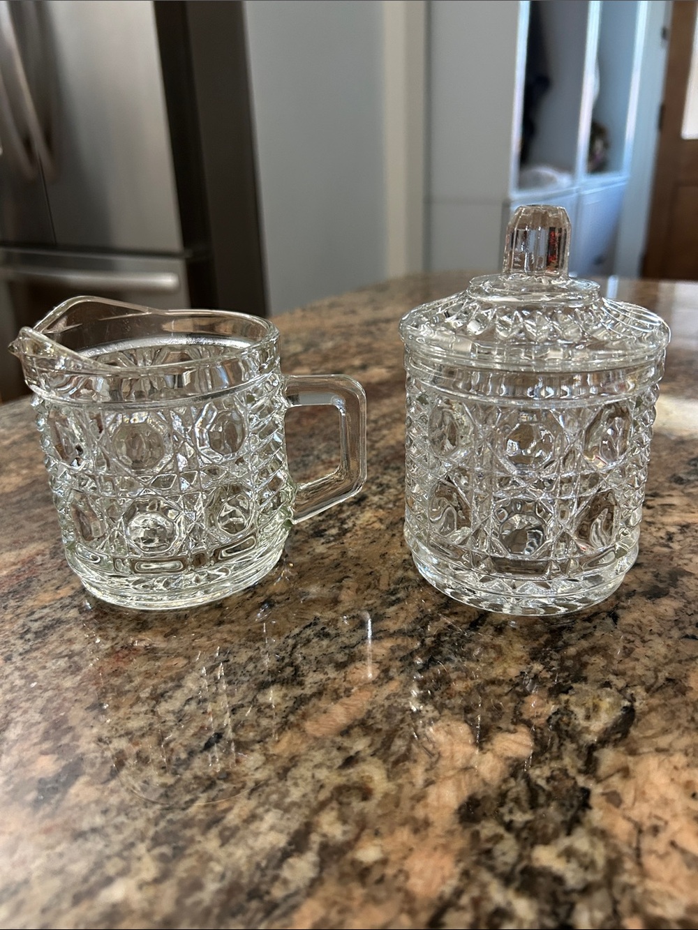 Vintage Federal Glass “Windsor” Pressed Glass Lidded Sugar Bowl/Jar & Creamer